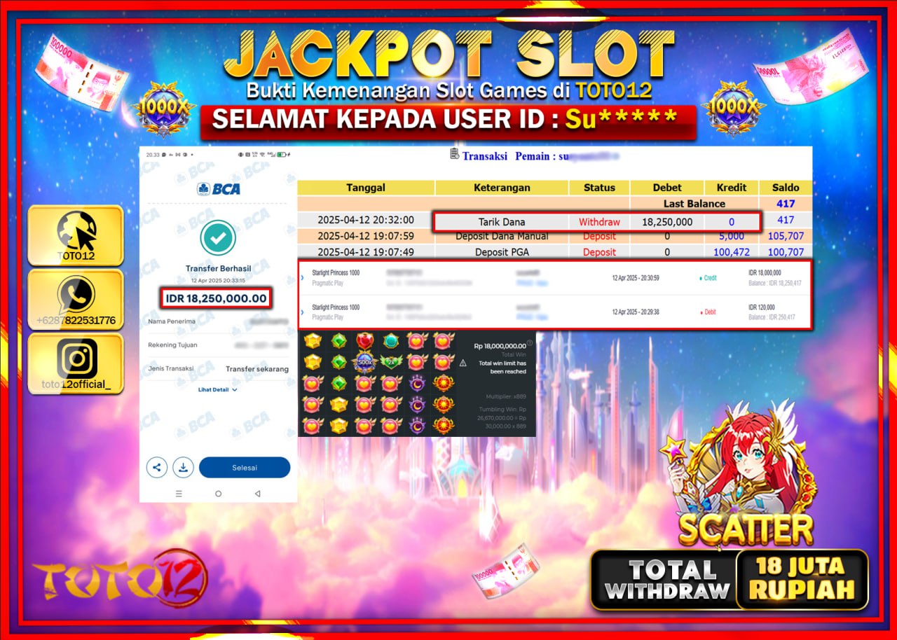 HANYA DI TOTO12 JP PASTI DI BAYAR LUNAS DAN CEPAT!!!!!! JACKPOT SLOT GAME (STARLIGHT PRINCESS 1000) Rp.18.000.000 !!!!