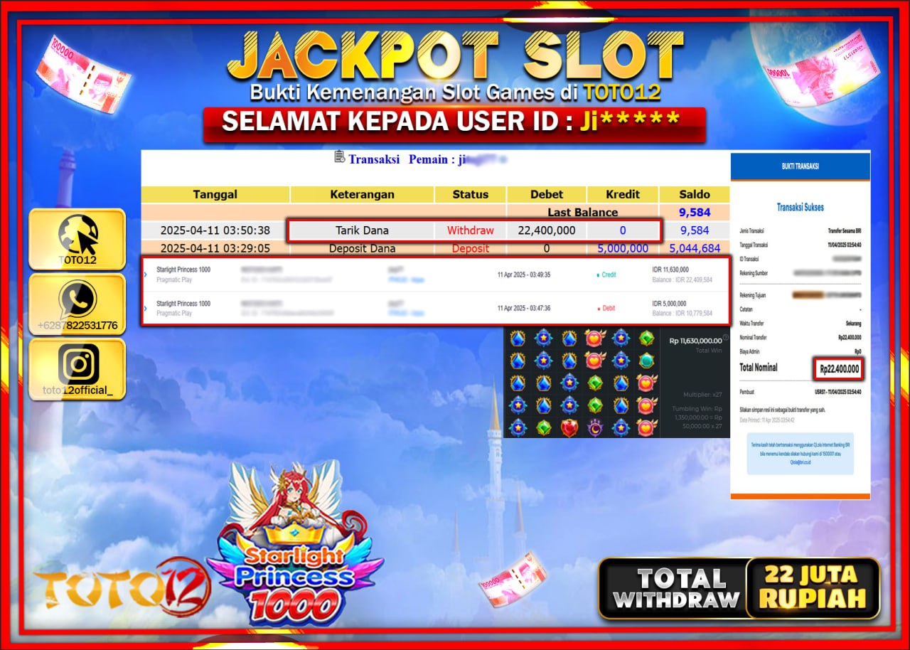 HANYA DI TOTO12 JP PASTI DI BAYAR LUNAS DAN CEPAT!!!!!! JACKPOT SLOT GAME (STARLIGHT PRINCESS 1000) Rp.22.000.000 !!!!