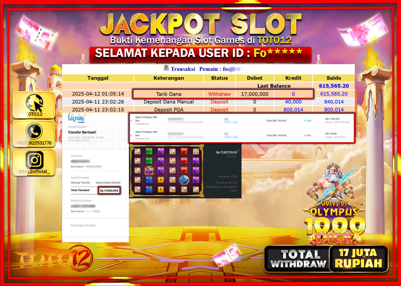 HANYA DI TOTO12 JP PASTI DI BAYAR LUNAS DAN CEPAT!!!!!! JACKPOT SLOT GAME (GATES OF OLYMPUS 1000 DICE) Rp.17.000.000 !!!!