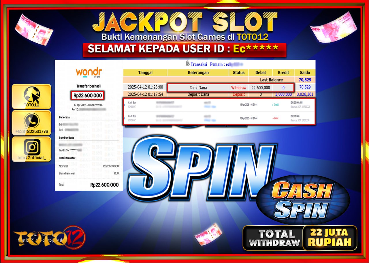 HANYA DI TOTO12 JP PASTI DI BAYAR LUNAS DAN CEPAT!!!!!! JACKPOT SLOT GAME (CASH SPIN) Rp.22.000.000 !!!!