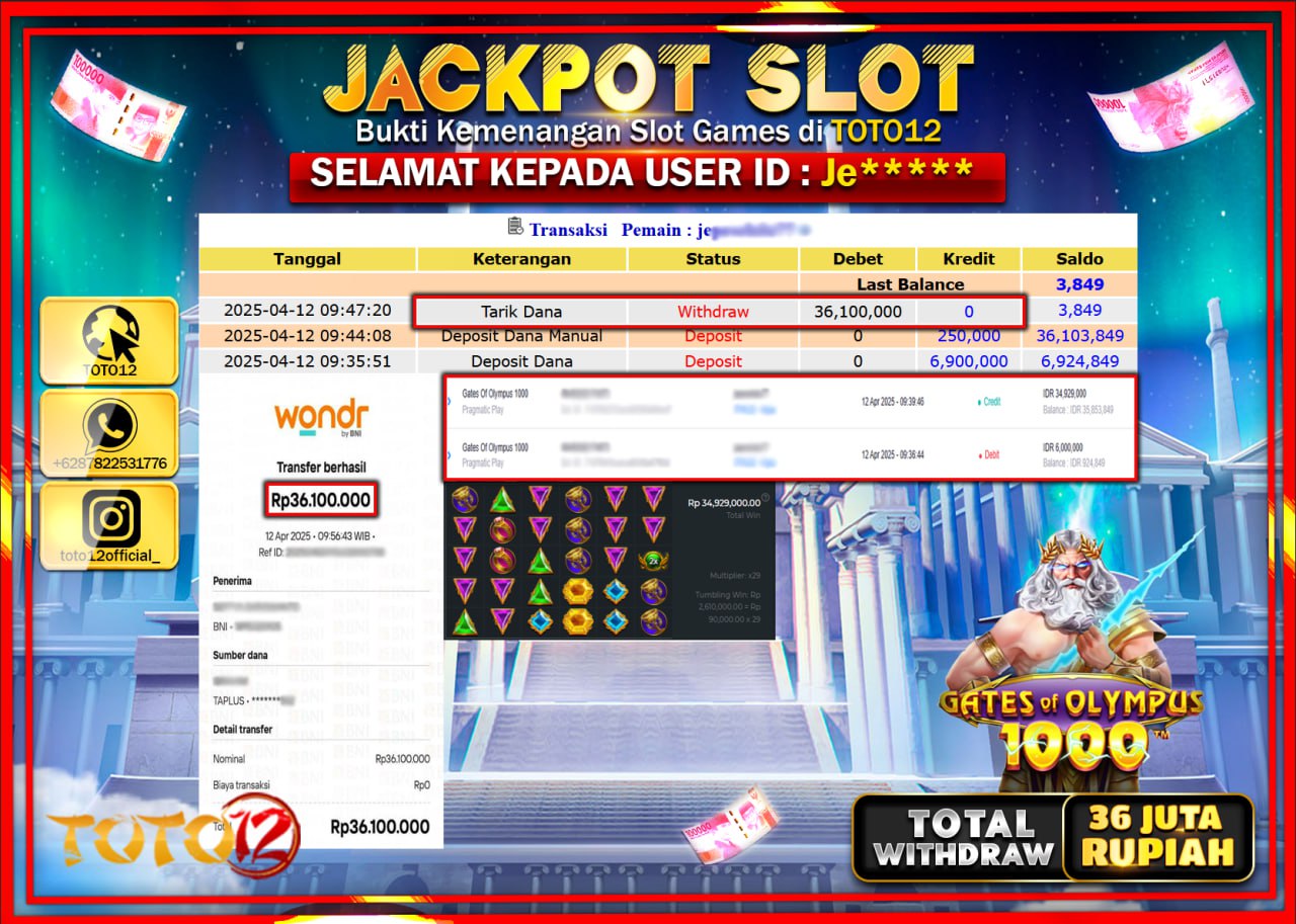 HANYA DI TOTO12 JP PASTI DI BAYAR LUNAS DAN CEPAT!!!!!! JACKPOT SLOT GAME (GATES OF OLYMPUS 1000) Rp.36.000.000 !!!!