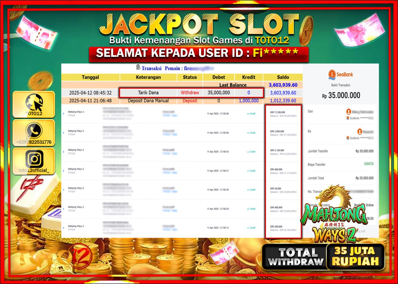 HANYA DI TOTO12 JP PASTI DI BAYAR LUNAS DAN CEPAT!!!!!! JACKPOT SLOT GAME (MAHJONG WAYS 2) Rp.35.000.000 !!!!