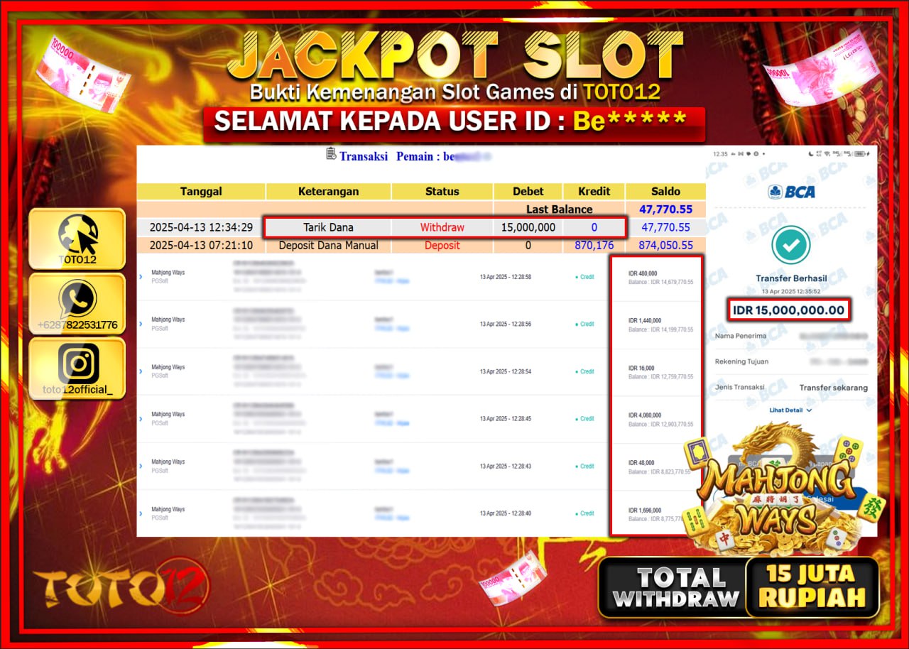 HANYA DI TOTO12 JP PASTI DI BAYAR LUNAS DAN CEPAT!!!!!! JACKPOT SLOT GAME (MAHJONG WAYS) Rp.15.000.000 !!!!