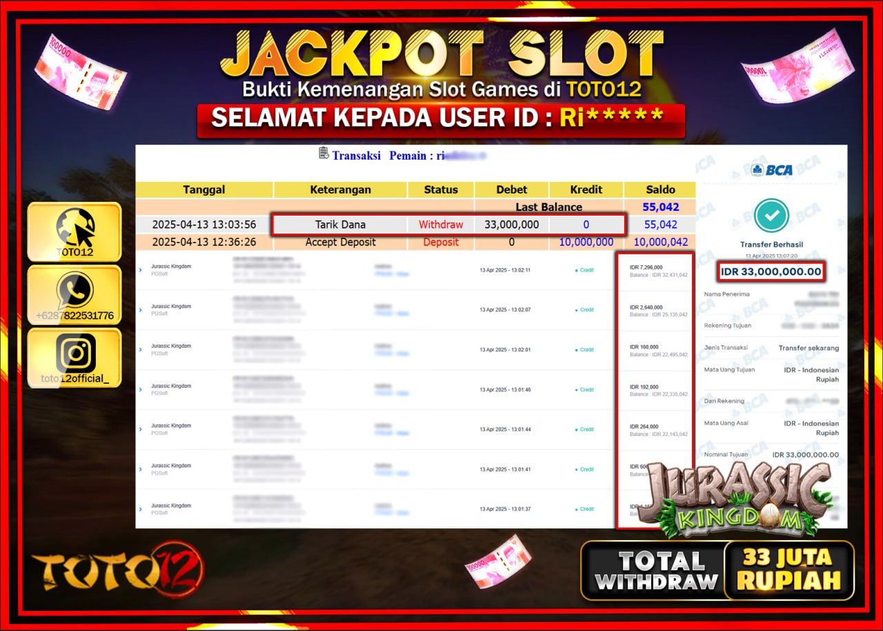 HANYA DI TOTO12 JP PASTI DI BAYAR LUNAS DAN CEPAT!!!!!! JACKPOT SLOT GAME (JURASSIC KINGDOM) Rp.33.000.000 !!!!