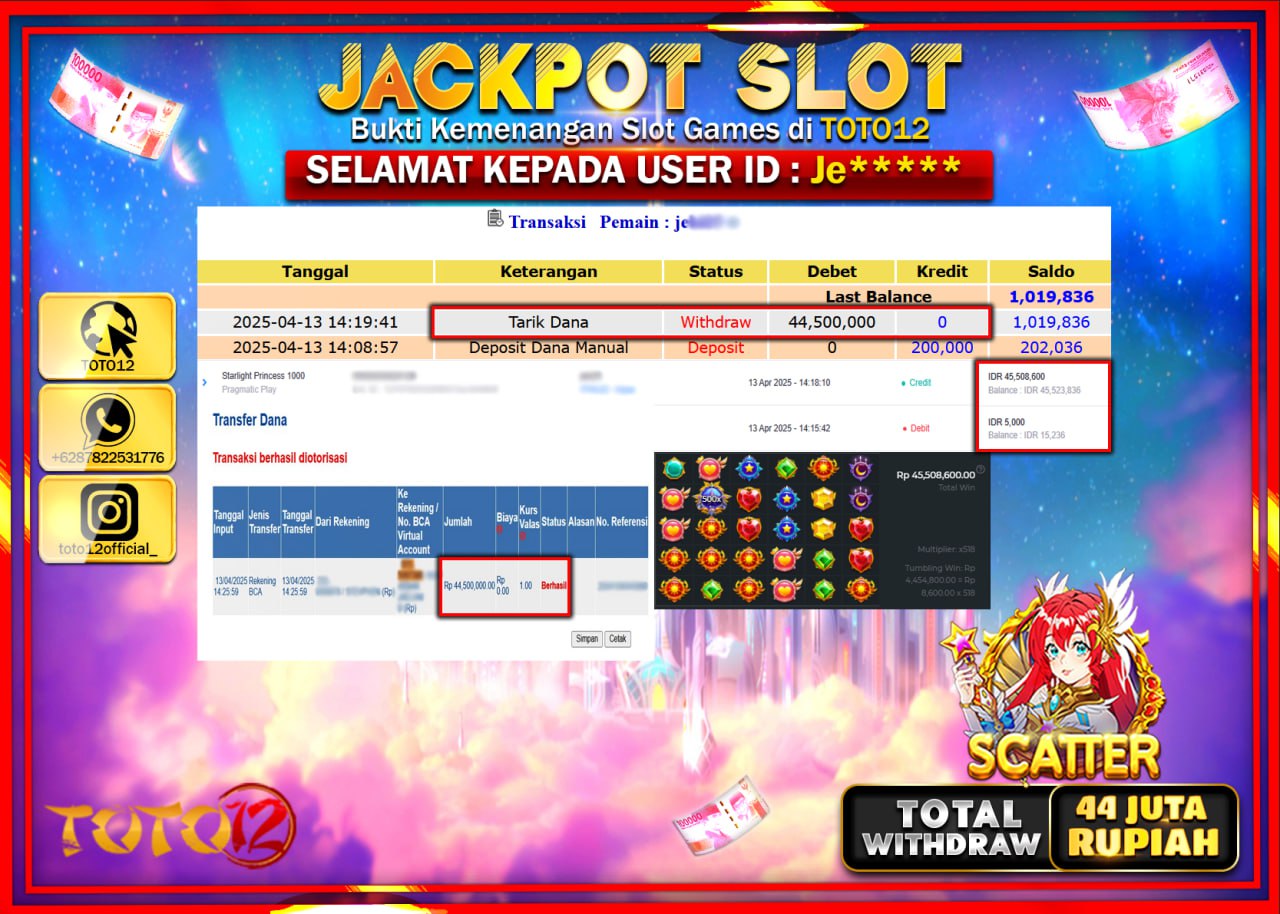 HANYA DI TOTO12 JP PASTI DI BAYAR LUNAS DAN CEPAT!!!!!! JACKPOT SLOT GAME (STARLIGHT PRINCESS 1000) Rp.44.000.000 !!!!
