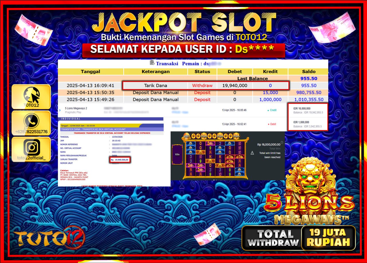 HANYA DI TOTO12 JP PASTI DI BAYAR LUNAS DAN CEPAT!!!!!! JACKPOT SLOT GAME (5 LIONS MEGAWAYS 2) Rp.19.000.000 !!!!