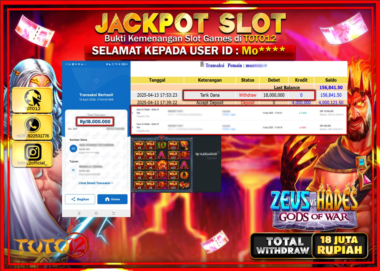 HANYA DI TOTO12 JP PASTI DI BAYAR LUNAS DAN CEPAT!!!!!! JACKPOT SLOT GAME (ZEUS VS HADES GODS OF WAR) Rp.18.000.000 !!!!