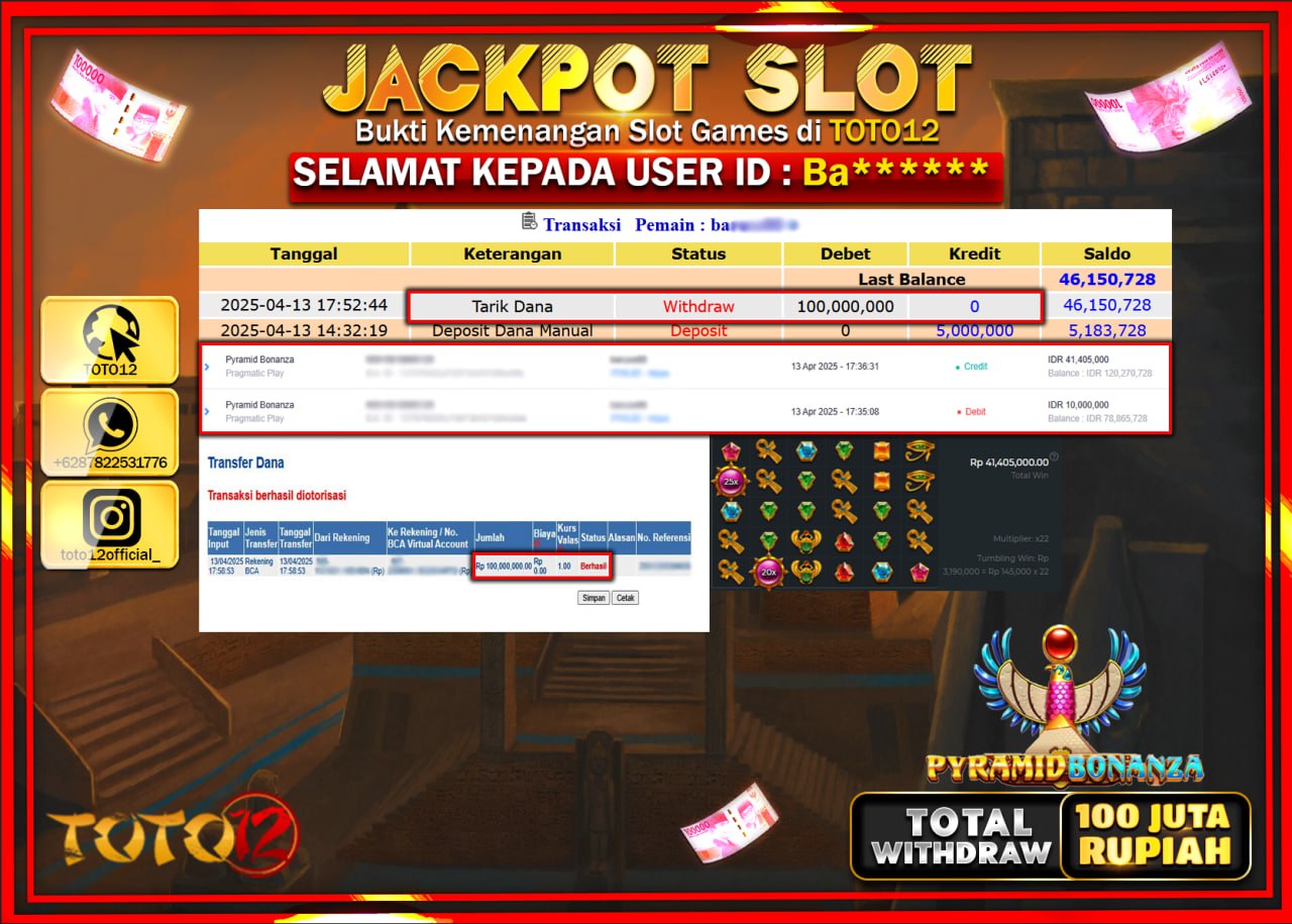 HANYA DI TOTO12 JP PASTI DI BAYAR LUNAS DAN CEPAT!!!!!! JACKPOT SLOT GAME (PYRAMID BONANZA) Rp.100.000.000 !!!!