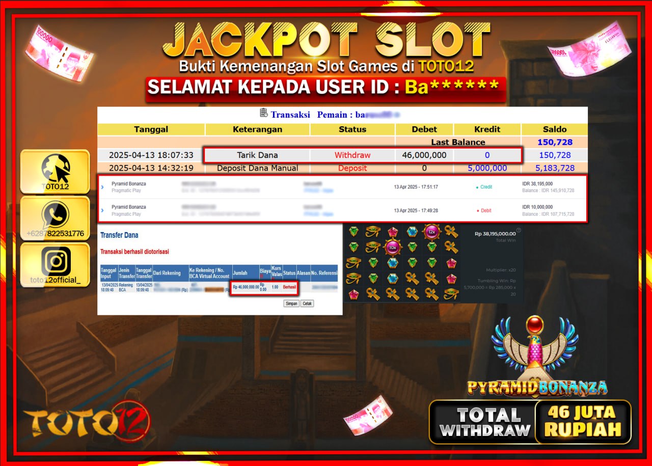 HANYA DI TOTO12 JP PASTI DI BAYAR LUNAS DAN CEPAT!!!!!! JACKPOT SLOT GAME (PYRAMID BONANZA) Rp.46.000.000 !!!!