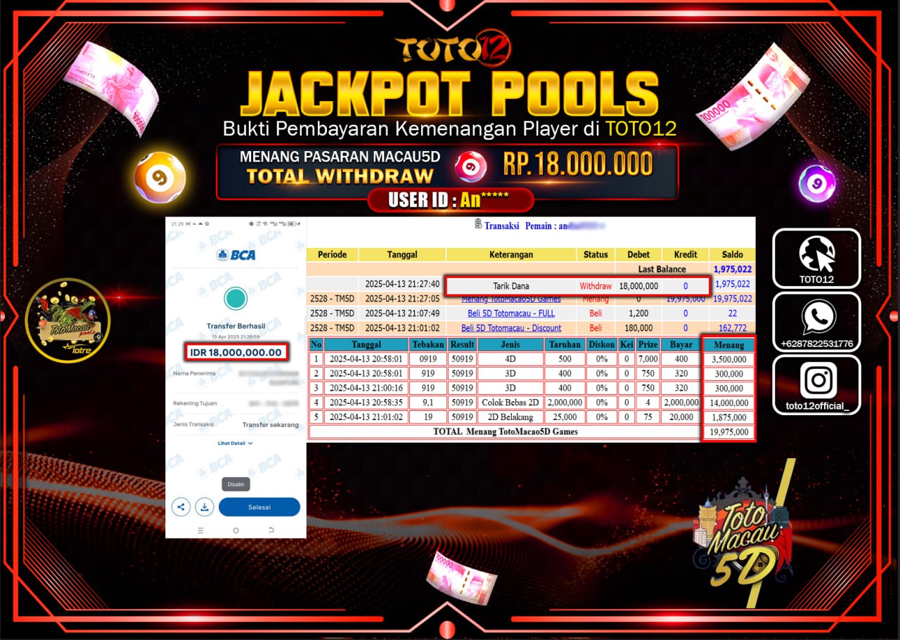 HANYA DI TOTO12 JP PASTI DI BAYAR LUNAS DAN CEPAT!!!!!! JACKPOT POOLS PASARAN (TOTO MACAU5D) Rp.18.000.000 !!!!
