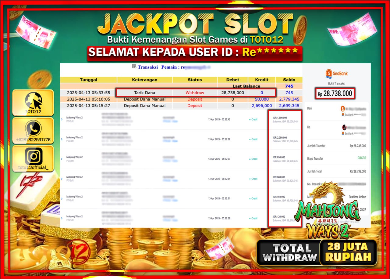 HANYA DI TOTO12 JP PASTI DI BAYAR LUNAS DAN CEPAT!!!!!! JACKPOT SLOT GAME (MAHJONG WAYS 2) Rp.28.000.000 !!!!