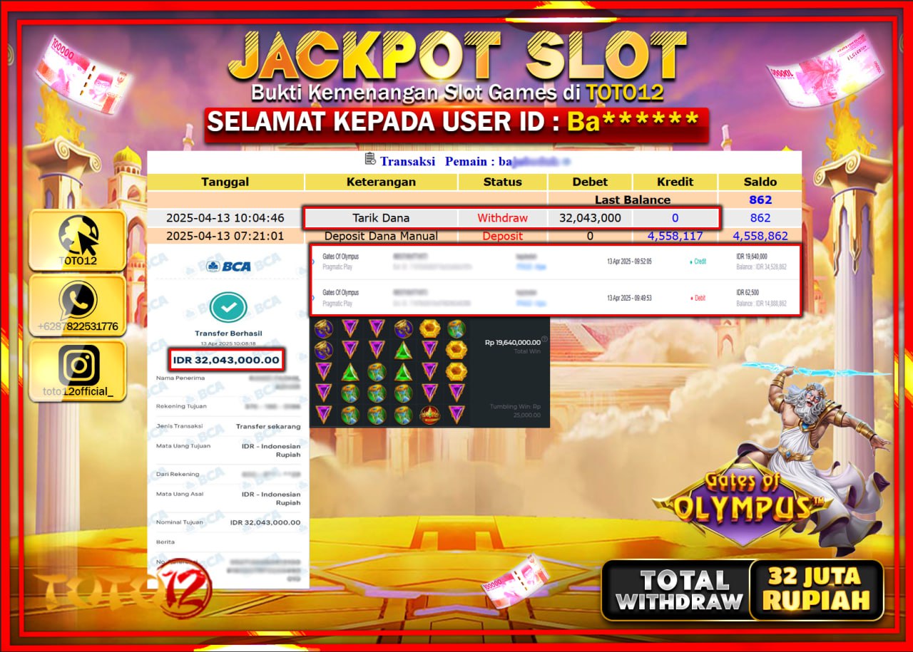 HANYA DI TOTO12 JP PASTI DI BAYAR LUNAS DAN CEPAT!!!!!! JACKPOT SLOT GAME (GATES OF OLYMPUS) Rp.32.000.000 !!!!
