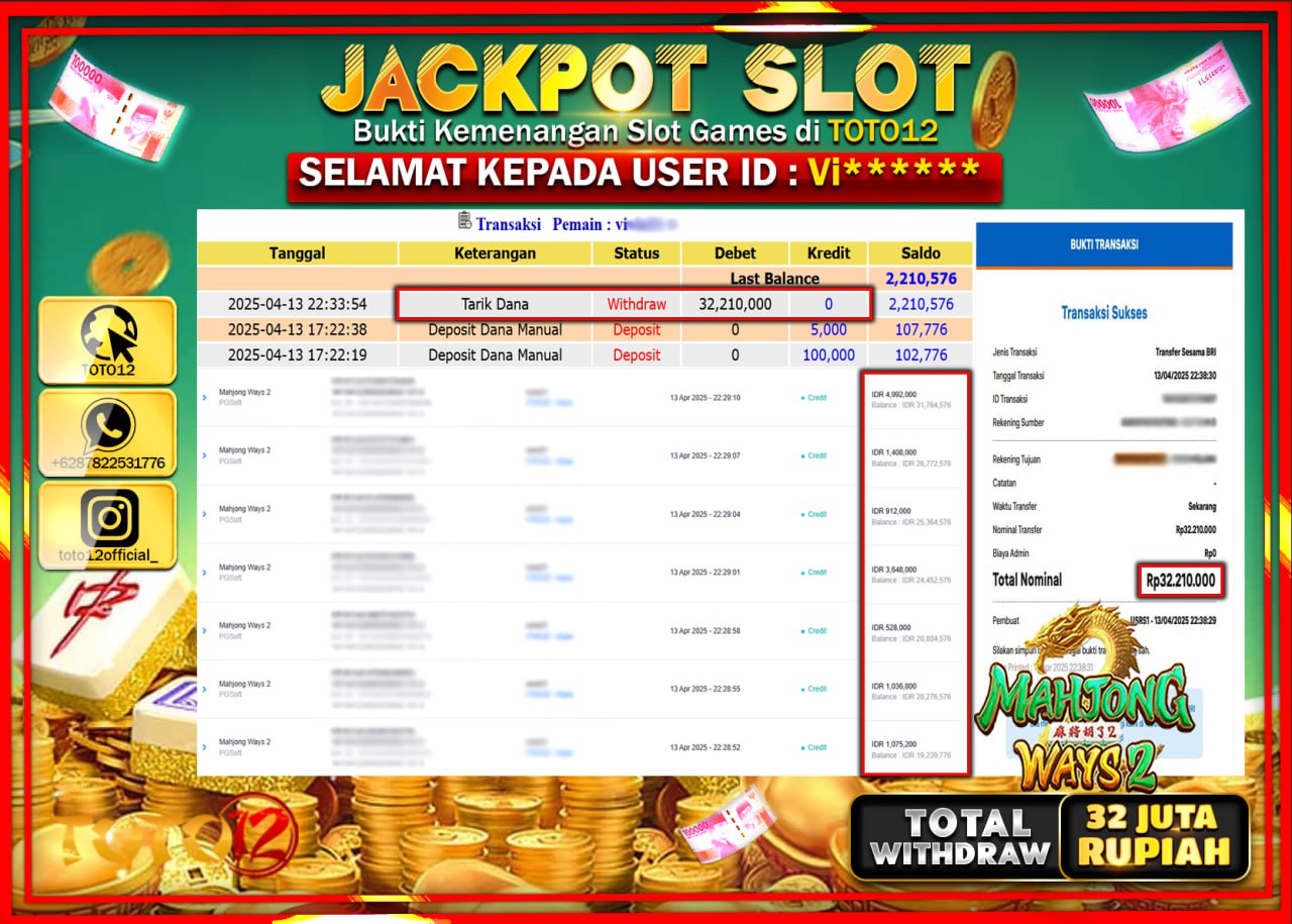 HANYA DI TOTO12 JP PASTI DI BAYAR LUNAS DAN CEPAT!!!!!! JACKPOT SLOT GAME (MAHJONG WAYS 2) Rp.32.000.000 !!!!