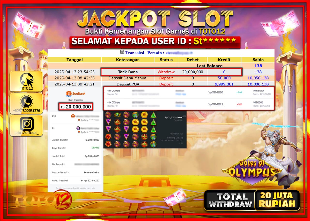 HANYA DI TOTO12 JP PASTI DI BAYAR LUNAS DAN CEPAT!!!!!! JACKPOT SLOT GAME (GATES OF OLYMPUS) Rp.20.000.000 !!!!