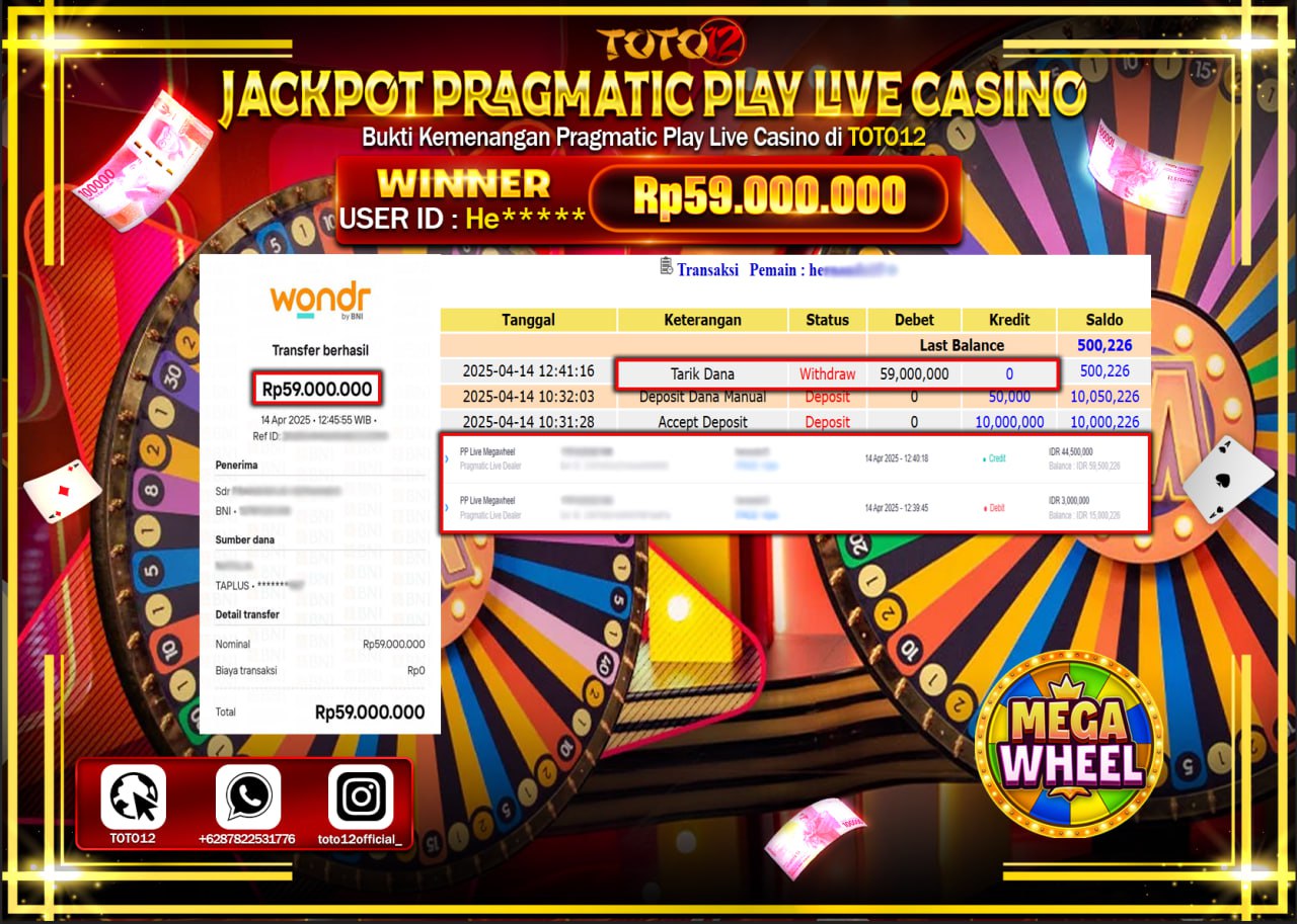 HANYA DI TOTO12 JP PASTI DI BAYAR LUNAS DAN CEPAT!!!!!! JACKPOT PRAGMATIC PLAY LIVE CASINO (MEGA WHEEL) Rp.59.000.000 !!!!