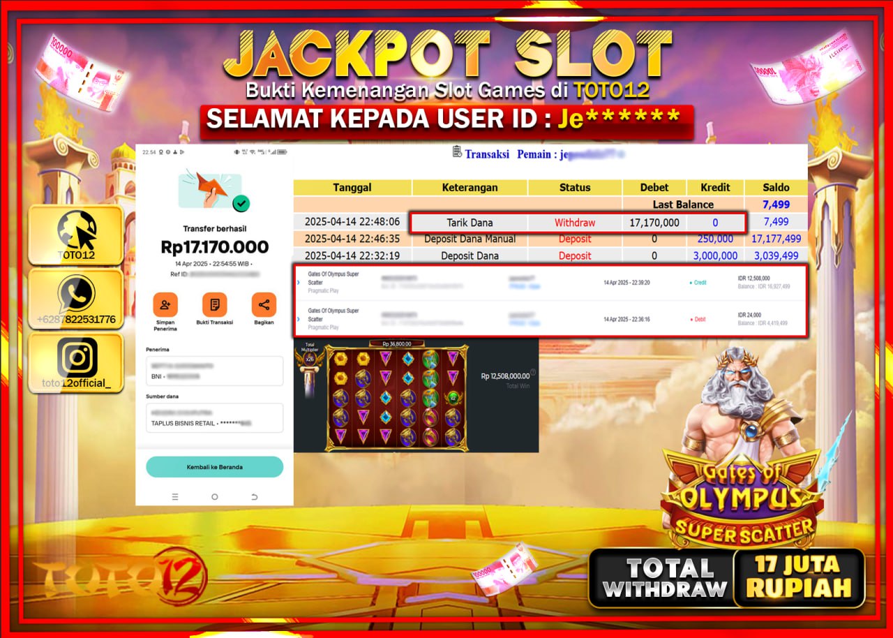 HANYA DI TOTO12 JP PASTI DI BAYAR LUNAS DAN CEPAT!!!!!! JACKPOT SLOT GAME (GATES OF OLYMPUS SUPER SCATTER) Rp.17.000.000 !!!!