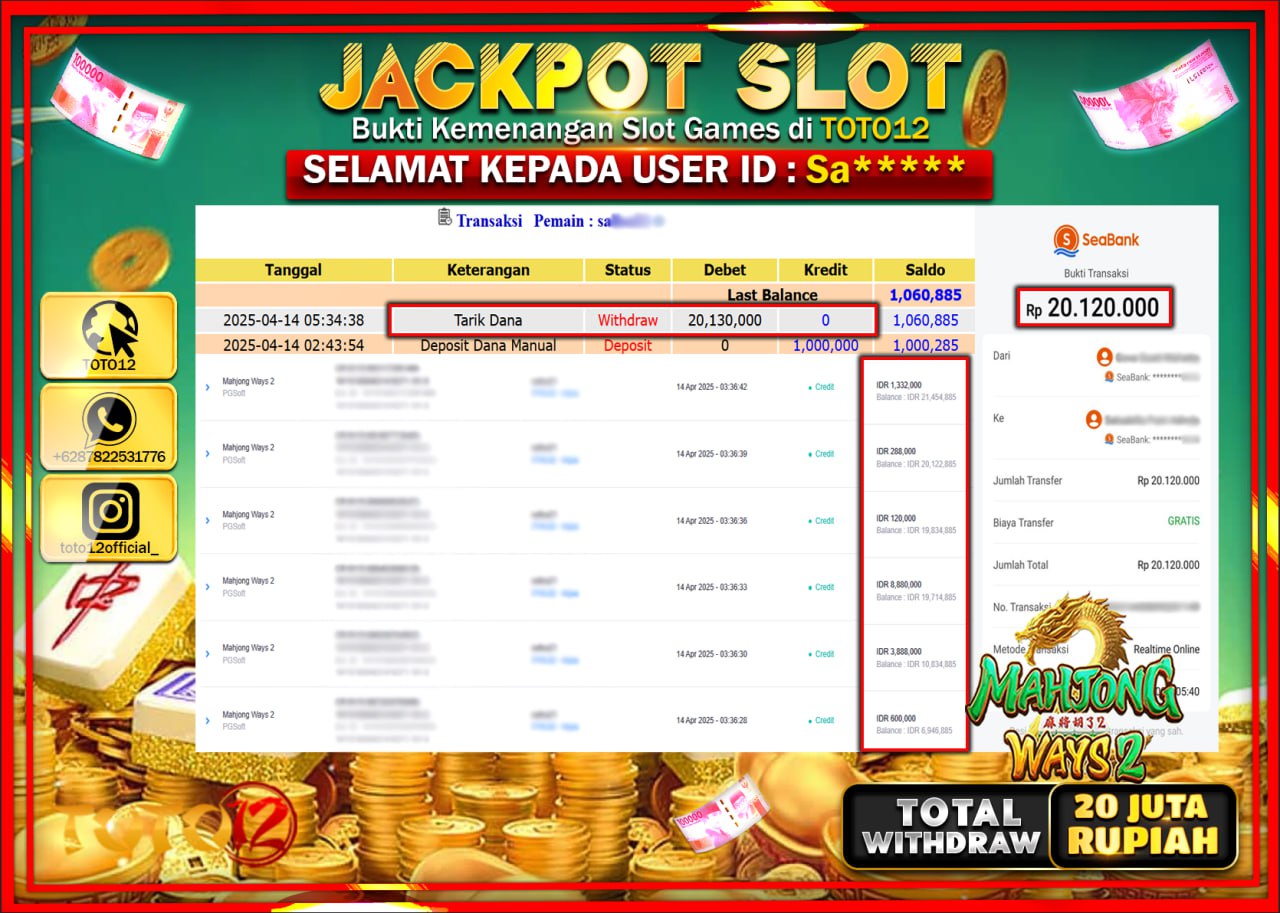 HANYA DI TOTO12 JP PASTI DI BAYAR LUNAS DAN CEPAT!!!!!! JACKPOT SLOT GAME (MAHJONG WAYS 2) Rp.20.000.000 !!!!