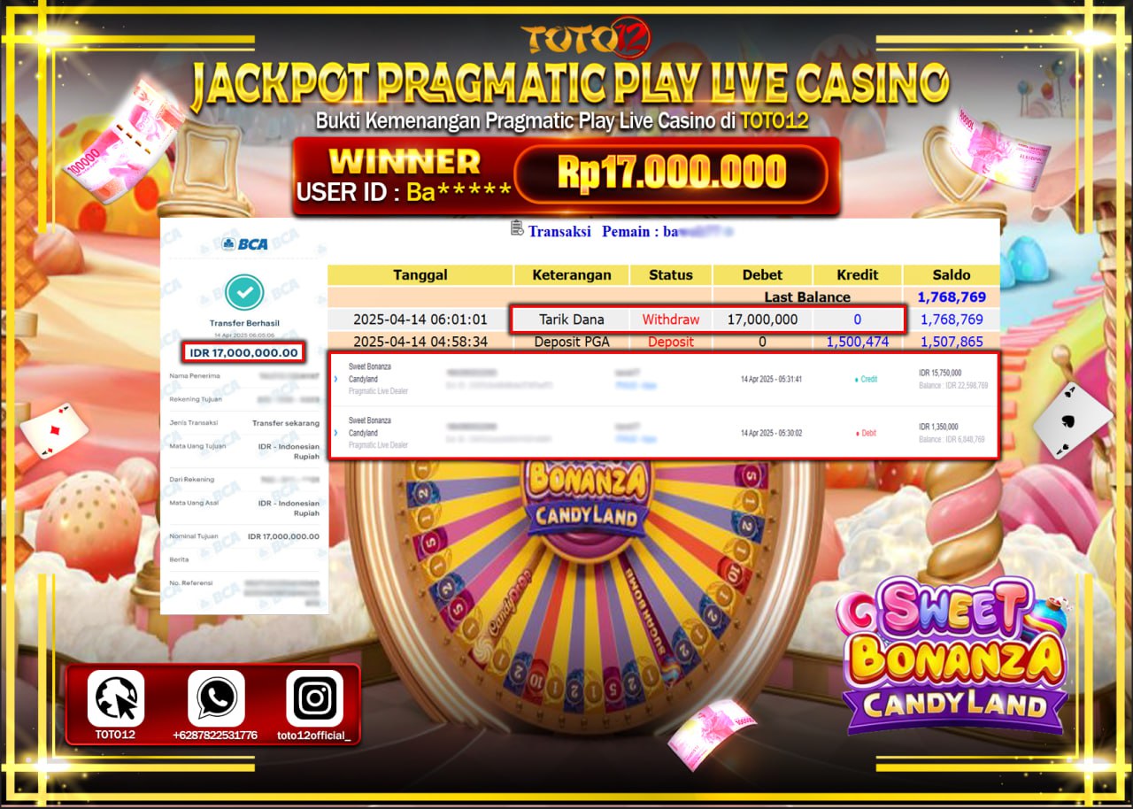 HANYA DI TOTO12 JP PASTI DI BAYAR LUNAS DAN CEPAT!!!!!! JACKPOT PRAGMATIC PLAY LIVE CASINO (SWEET BONANZA CANDY LAND) Rp.17.000.000 !!!!