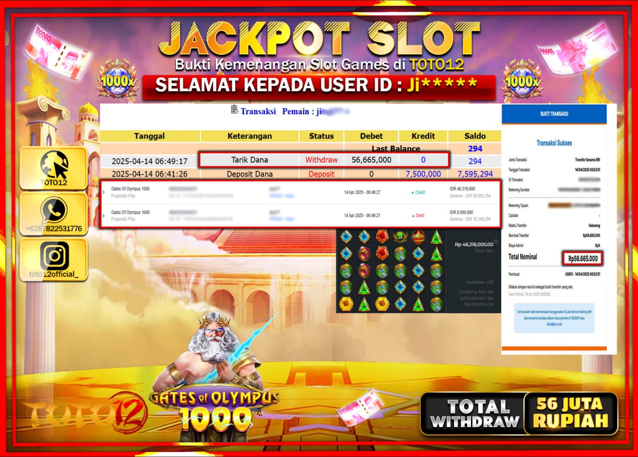 HANYA DI TOTO12 JP PASTI DI BAYAR LUNAS DAN CEPAT!!!!!! JACKPOT SLOT GAME (GATES OF OLYPUS 1000) Rp.56.000.000 !!!!