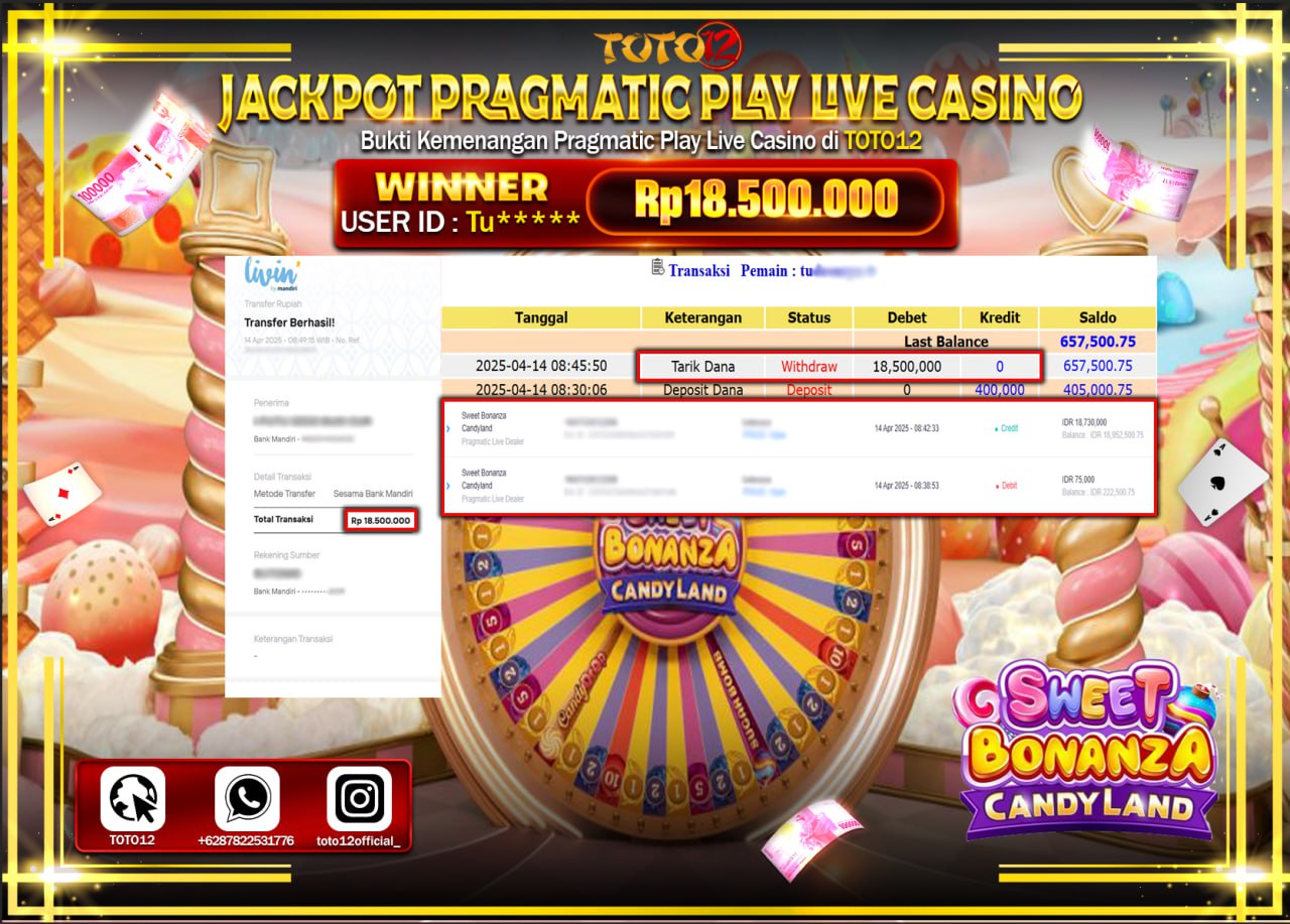 HANYA DI TOTO12 JP PASTI DI BAYAR LUNAS DAN CEPAT!!!!!! JACKPOT PRAGMATIC PLAY LIVE CASINO (SWEET BONANZA CANDY LAND) Rp.18.500.000 !!!!
