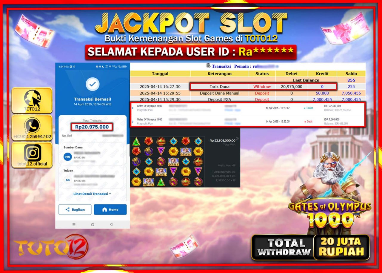 HANYA DI TOTO12 JP PASTI DI BAYAR LUNAS DAN CEPAT!!!!!! JACKPOT SLOT GAME (GATES OF OLYPUS 1000) Rp.20.000.000 !!!!