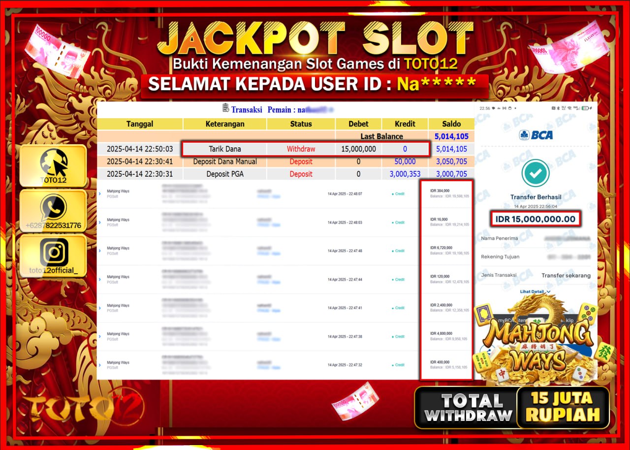 HANYA DI TOTO12 JP PASTI DI BAYAR LUNAS DAN CEPAT!!!!!! JACKPOT SLOT GAME (MAHJONG WAYS) Rp.15.000.000 !!!!