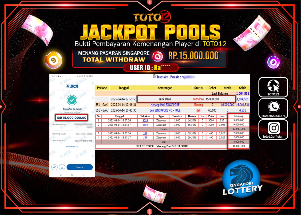 HANYA DI TOTO12 JP PASTI DI BAYAR LUNAS DAN CEPAT!!!!!! JACKPOT POOLS PASARAN (SINGAPORE) Rp.15.000.000 !!!!