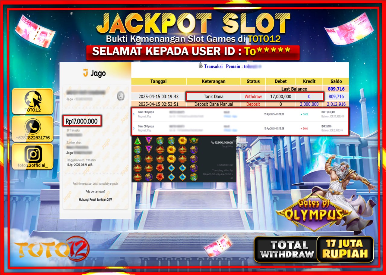 HANYA DI TOTO12 JP PASTI DI BAYAR LUNAS DAN CEPAT!!!!!! JACKPOT SLOT GAME (GATES OF OLYMPUS) Rp.17.000.000 !!!!