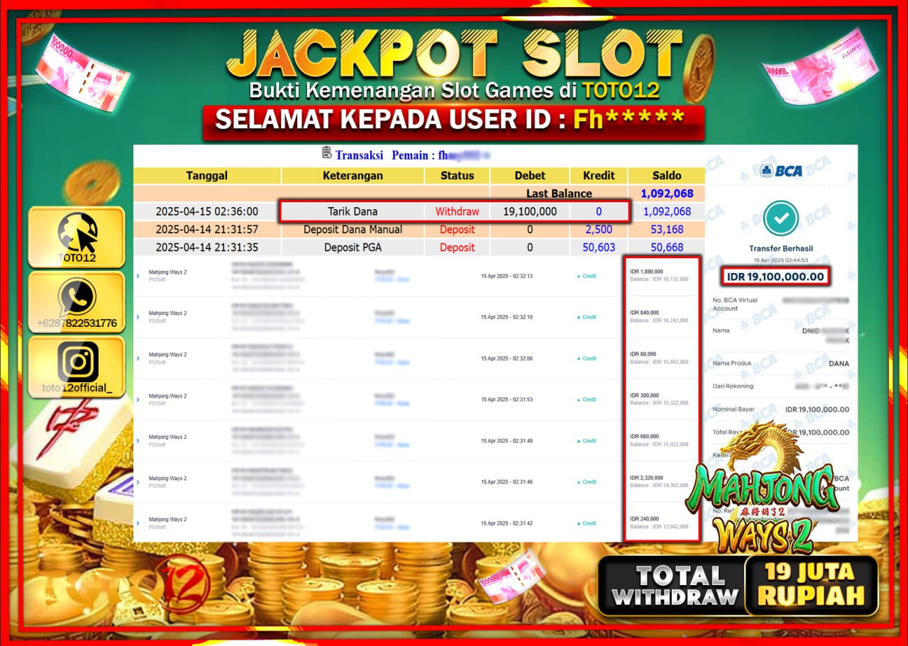 HANYA DI TOTO12 JP PASTI DI BAYAR LUNAS DAN CEPAT!!!!!! JACKPOT SLOT GAME (MAHJONG WAYS 2) Rp.19.000.000 !!!!