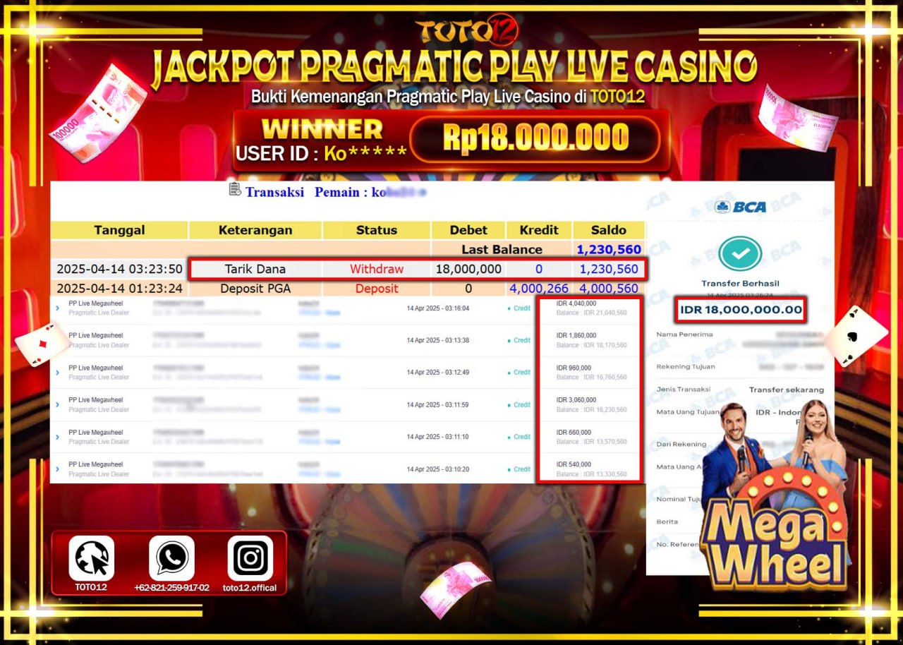 HANYA DI TOTO12 JP PASTI DI BAYAR LUNAS DAN CEPAT!!!!!! JACKPOT PRAGMATIC PLAY LIVE CASINO (MEGA WHEEL) Rp.18.000.000 !!!!