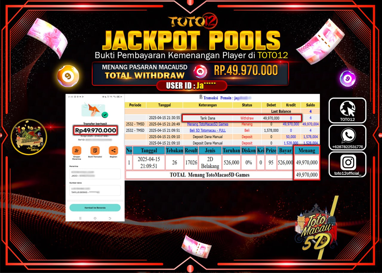 HANYA DI TOTO12 JP PASTI DI BAYAR LUNAS DAN CEPAT!!!!!! JACKPOT POOLS PASARAN (TOTO MACAU5D) Rp.49.970.000 !!!!