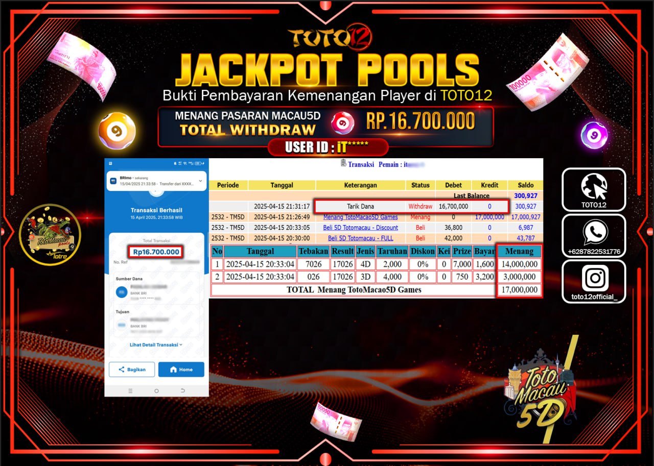 HANYA DI TOTO12 JP PASTI DI BAYAR LUNAS DAN CEPAT!!!!!! JACKPOT POOLS PASARAN (TOTO MACAU5D) Rp.16.700.000 !!!!