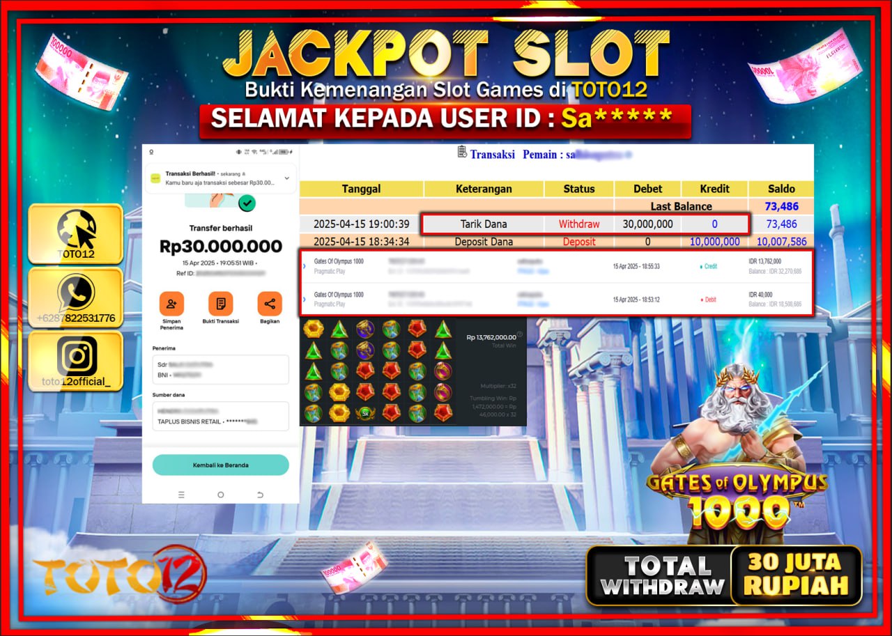 HANYA DI TOTO12 JP PASTI DI BAYAR LUNAS DAN CEPAT!!!!!! JACKPOT SLOT GAME (GATES OF OLYMPUS 1000) Rp.30.000.000 !!!!