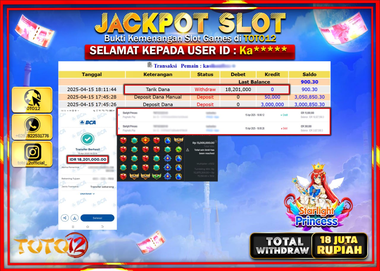 HANYA DI TOTO12 JP PASTI DI BAYAR LUNAS DAN CEPAT!!!!!! JACKPOT SLOT GAME (STARLIGHT PRINCESS) Rp.18.000.000 !!!!