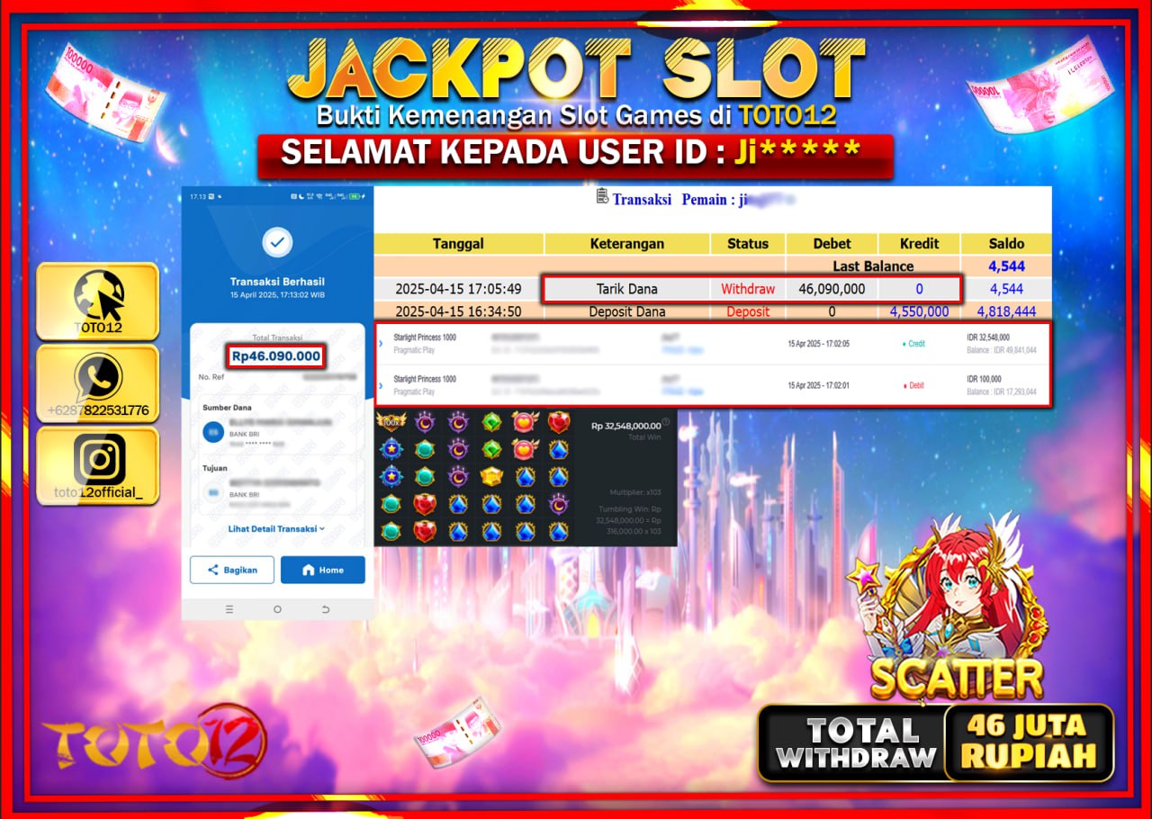HANYA DI TOTO12 JP PASTI DI BAYAR LUNAS DAN CEPAT!!!!!! JACKPOT SLOT GAME (STARLIGHT PRINCESS 1000) Rp.46.000.000 !!!!
