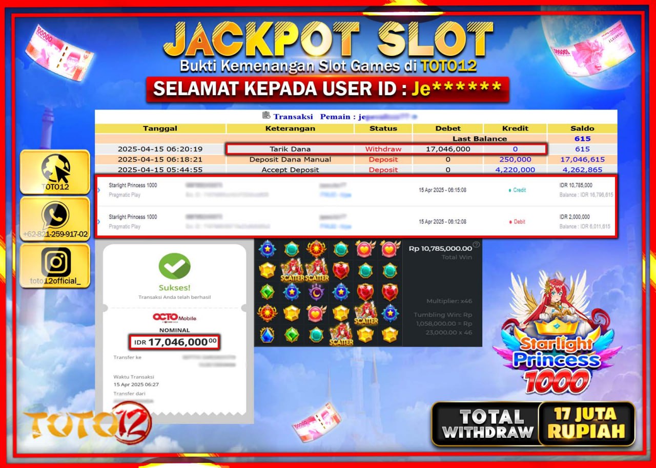 HANYA DI TOTO12 JP PASTI DI BAYAR LUNAS DAN CEPAT!!!!!! JACKPOT SLOT GAME (STARLIGHT PRINCESS 1000) Rp.17.000.000 !!!!