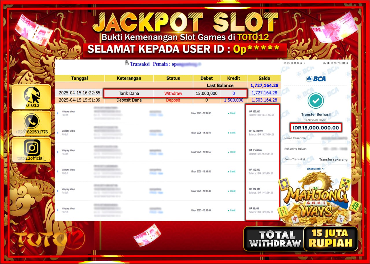 HANYA DI TOTO12 JP PASTI DI BAYAR LUNAS DAN CEPAT!!!!!! JACKPOT SLOT GAME (MAHJONG WAYS) Rp.15.000.000 !!!!
