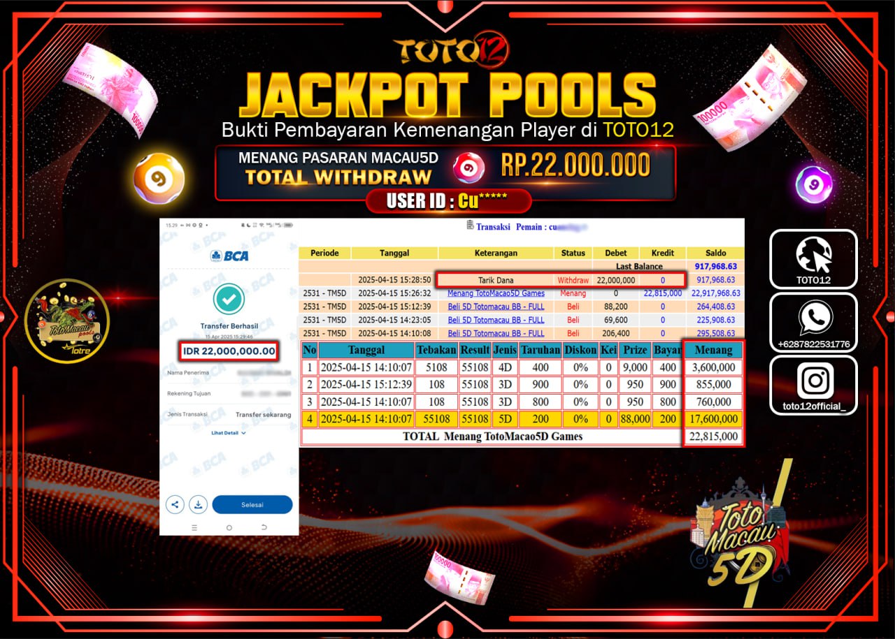 HANYA DI TOTO12 JP PASTI DI BAYAR LUNAS DAN CEPAT!!!!!! JACKPOT POOLS PASARAN (TOTO MACAU5D) Rp.22.000.000 !!!!