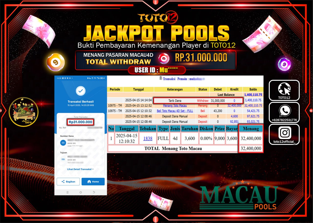 HANYA DI TOTO12 JP PASTI DI BAYAR LUNAS DAN CEPAT!!!!!! JACKPOT POOLS PASARAN (TOTO MACAU4D) Rp.31.000.000 !!!!