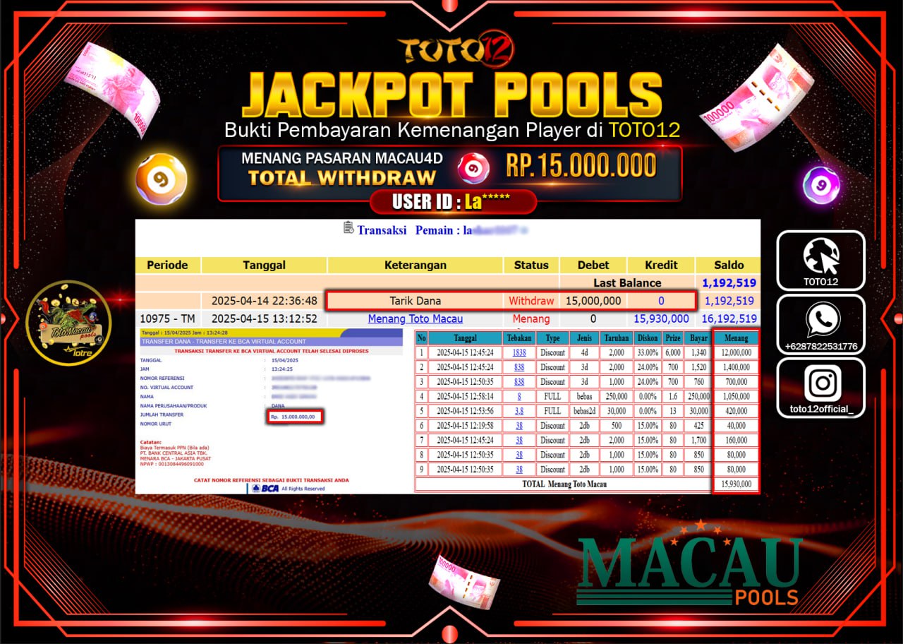 HANYA DI TOTO12 JP PASTI DI BAYAR LUNAS DAN CEPAT!!!!!! JACKPOT POOLS PASARAN (TOTO MACAU4D) Rp.15.000.000 !!!!
