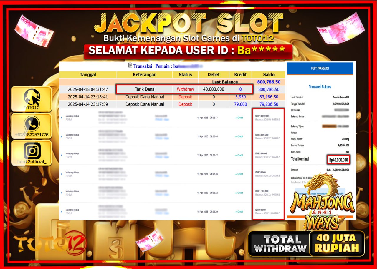 HANYA DI TOTO12 JP PASTI DI BAYAR LUNAS DAN CEPAT!!!!!! JACKPOT SLOT GAME (MAHJONG WAYS) Rp.40.000.000 !!!!