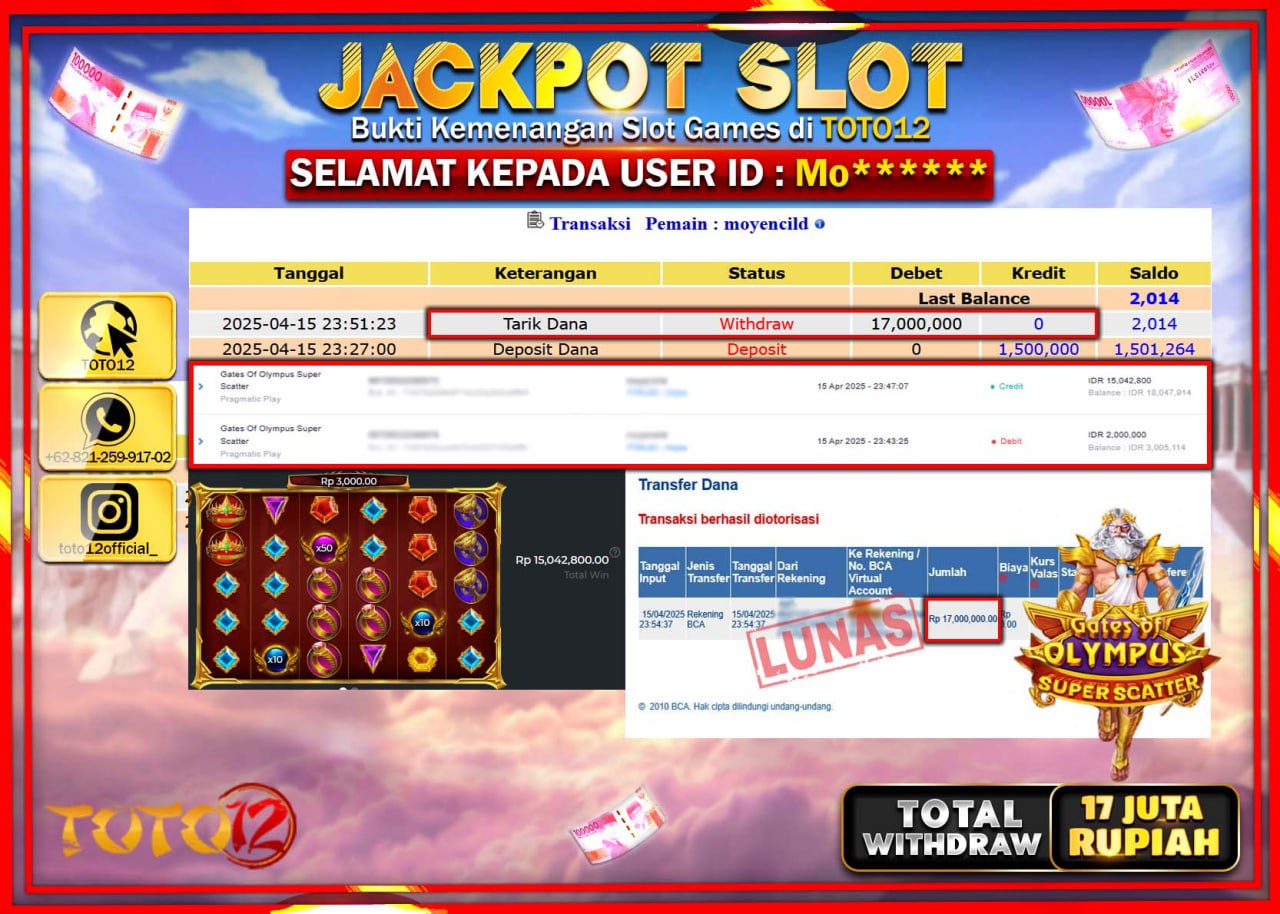 HANYA DI TOTO12 JP PASTI DI BAYAR LUNAS DAN CEPAT!!!!!! JACKPOT SLOT GAME (GATES OF OLYMPUS SUPER SCATTER) Rp.17.000.000 !!!!