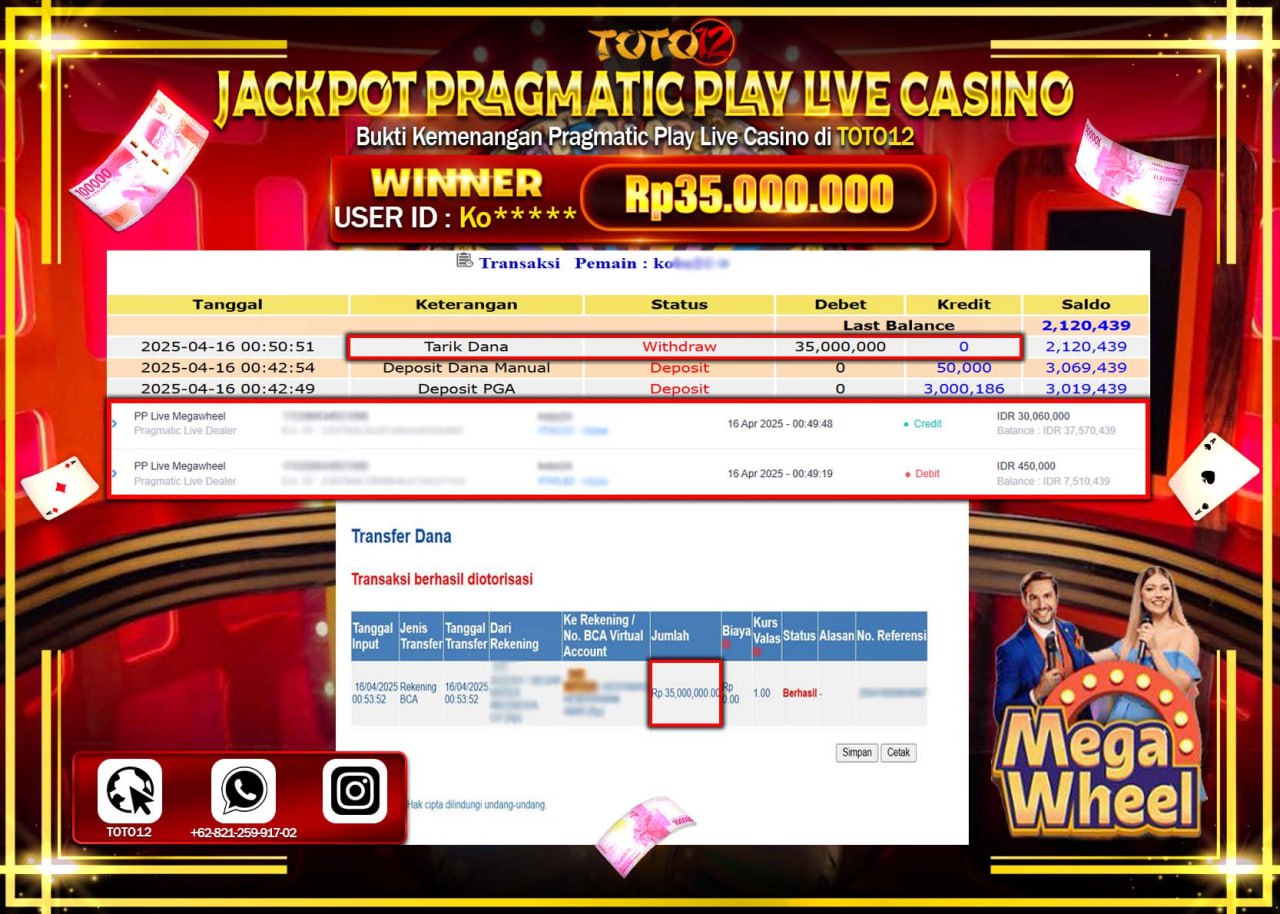 HANYA DI TOTO12 JP PASTI DI BAYAR LUNAS DAN CEPAT!!!!!! JACKPOT PRAGMATIC PLAY LIVE CASINO (MEGA WHEEL) Rp.35.000.000 !!!!