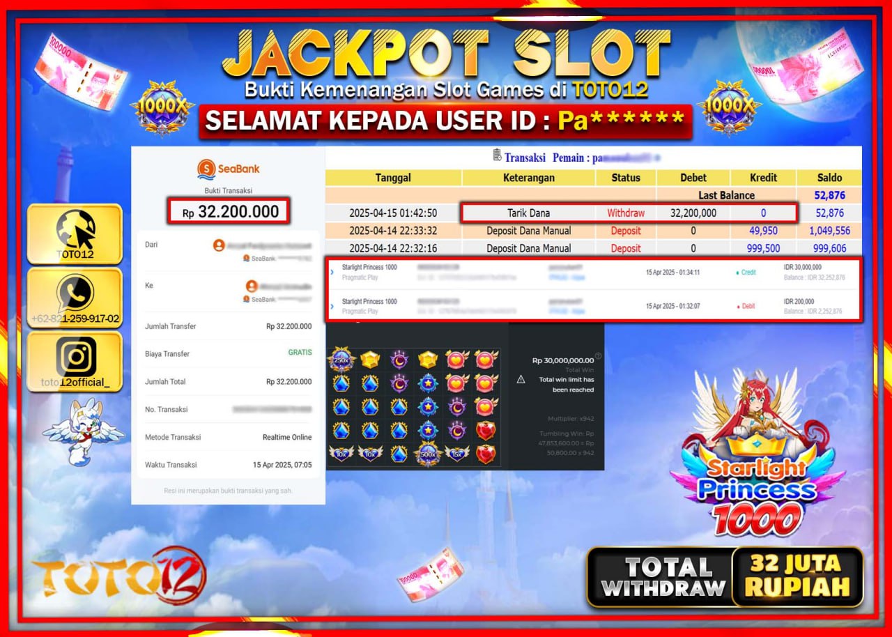 HANYA DI TOTO12 JP PASTI DI BAYAR LUNAS DAN CEPAT!!!!!! JACKPOT SLOT GAME (STARLIGHT PRINCESS 1000) Rp.32.000.000 !!!!