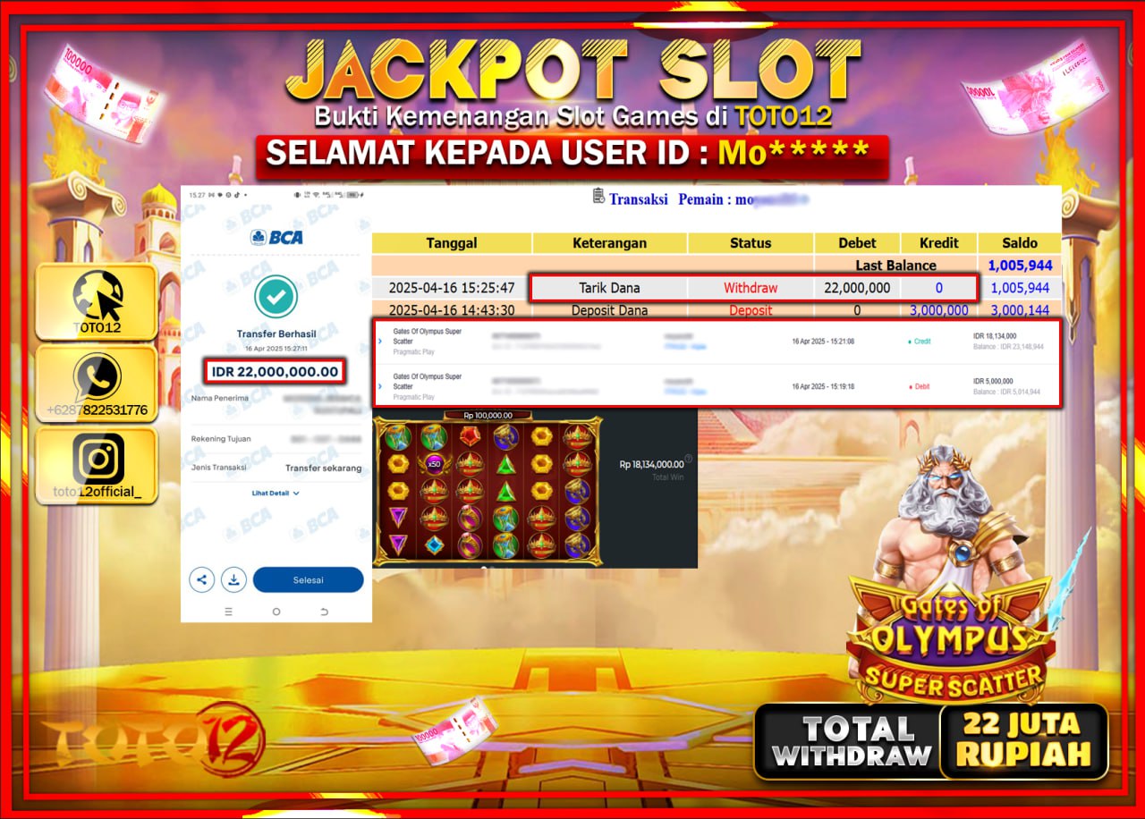 HANYA DI TOTO12 JP PASTI DI BAYAR LUNAS DAN CEPAT!!!!!! JACKPOT SLOT GAME (GATES OF OLYMPUS SUPER SCATTER) Rp.22.000.000 !!!!