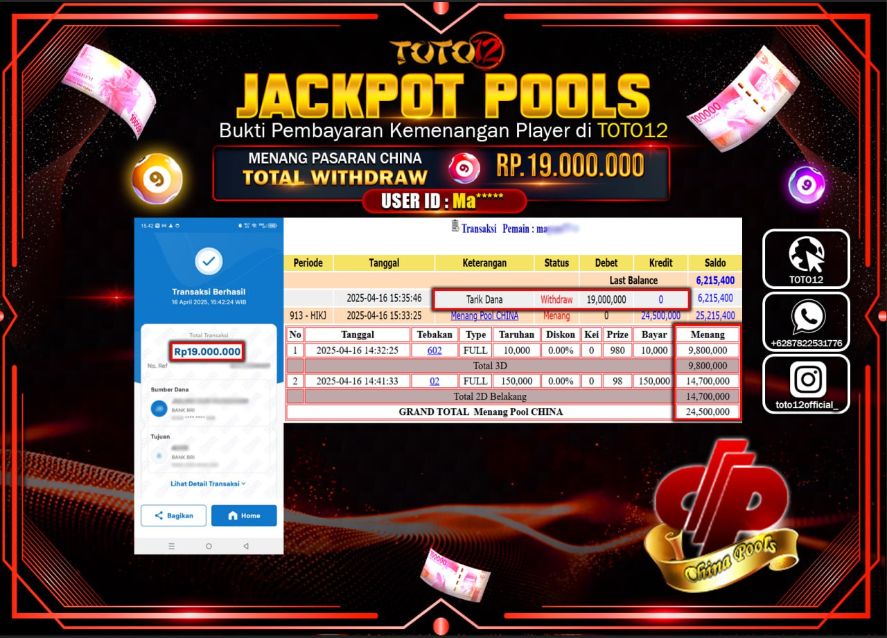HANYA DI TOTO12 JP PASTI DI BAYAR LUNAS DAN CEPAT!!!!!! JACKPOT POOLS PASARAN (CHINA) Rp.19.000.000 !!!!