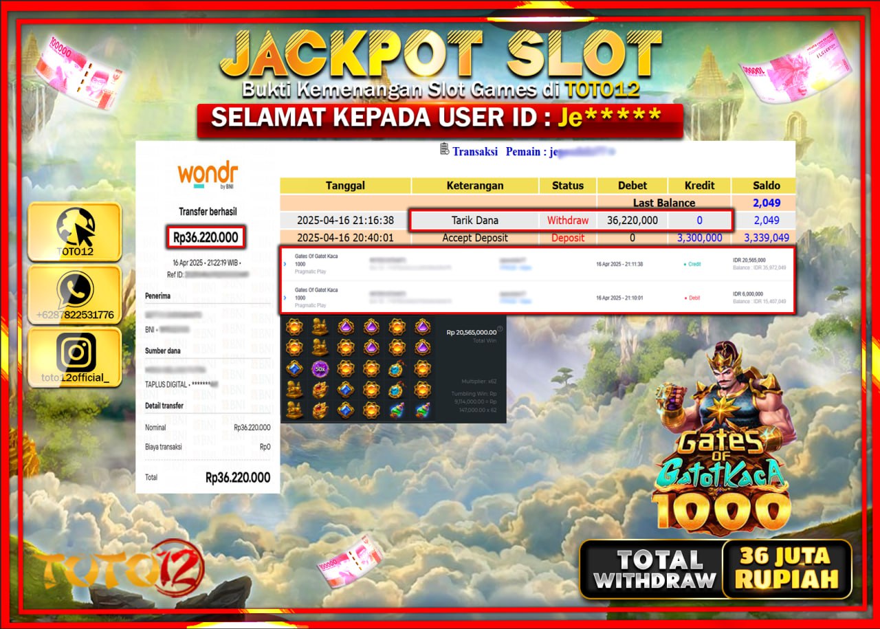 HANYA DI TOTO12 JP PASTI DI BAYAR LUNAS DAN CEPAT!!!!!! JACKPOT SLOT GAME (GATES OF GATOT KACA 1000) Rp.36.000.000 !!!!