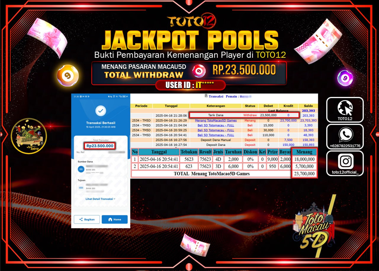 HANYA DI TOTO12 JP PASTI DI BAYAR LUNAS DAN CEPAT!!!!!! JACKPOT POOLS PASARAN (TOTO MACAU5D) Rp.23.500.000 !!!!