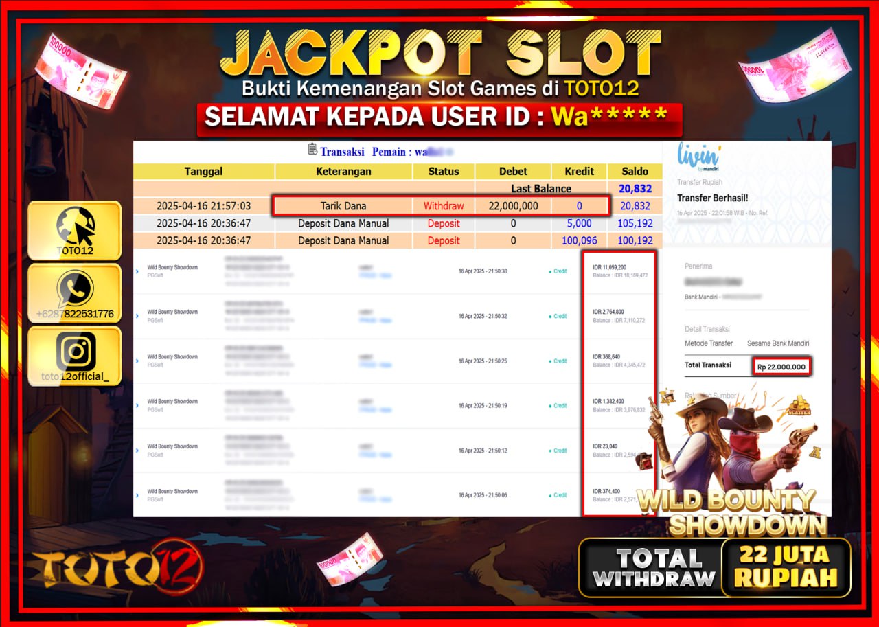 HANYA DI TOTO12 JP PASTI DI BAYAR LUNAS DAN CEPAT!!!!!! JACKPOT SLOT GAME (WILD BOUNTY SHOWDOWN) Rp.22.000.000 !!!!