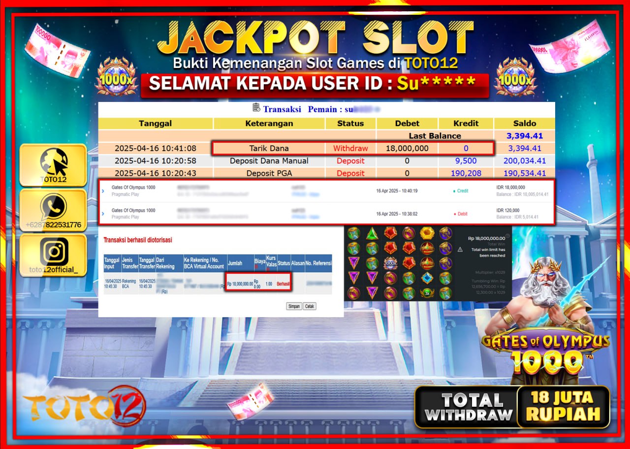 HANYA DI TOTO12 JP PASTI DI BAYAR LUNAS DAN CEPAT!!!!!! JACKPOT SLOT GAME (GATES OF OLYMPUS 1000) Rp.18.000.000 !!!!